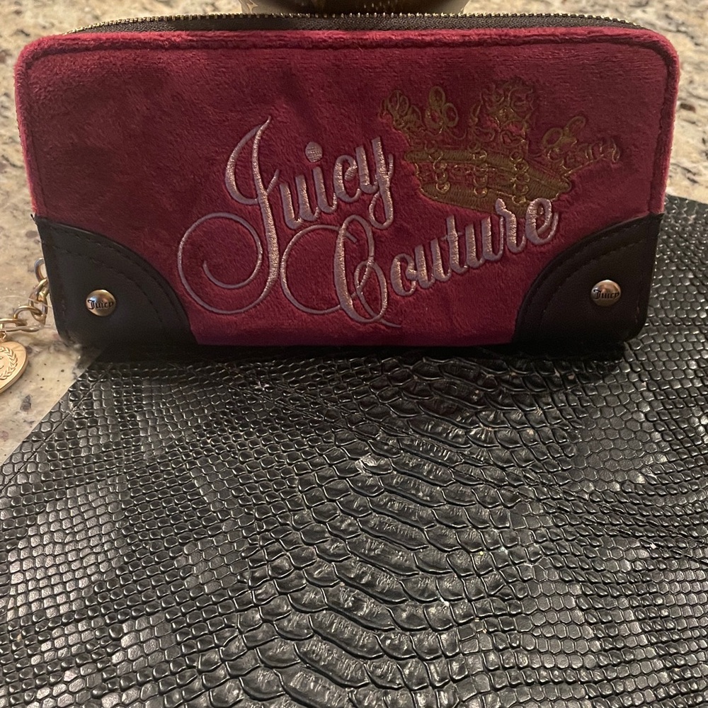 Juicy Couture Magenta Suede Zip-Around Wallet with Embroidered Logo